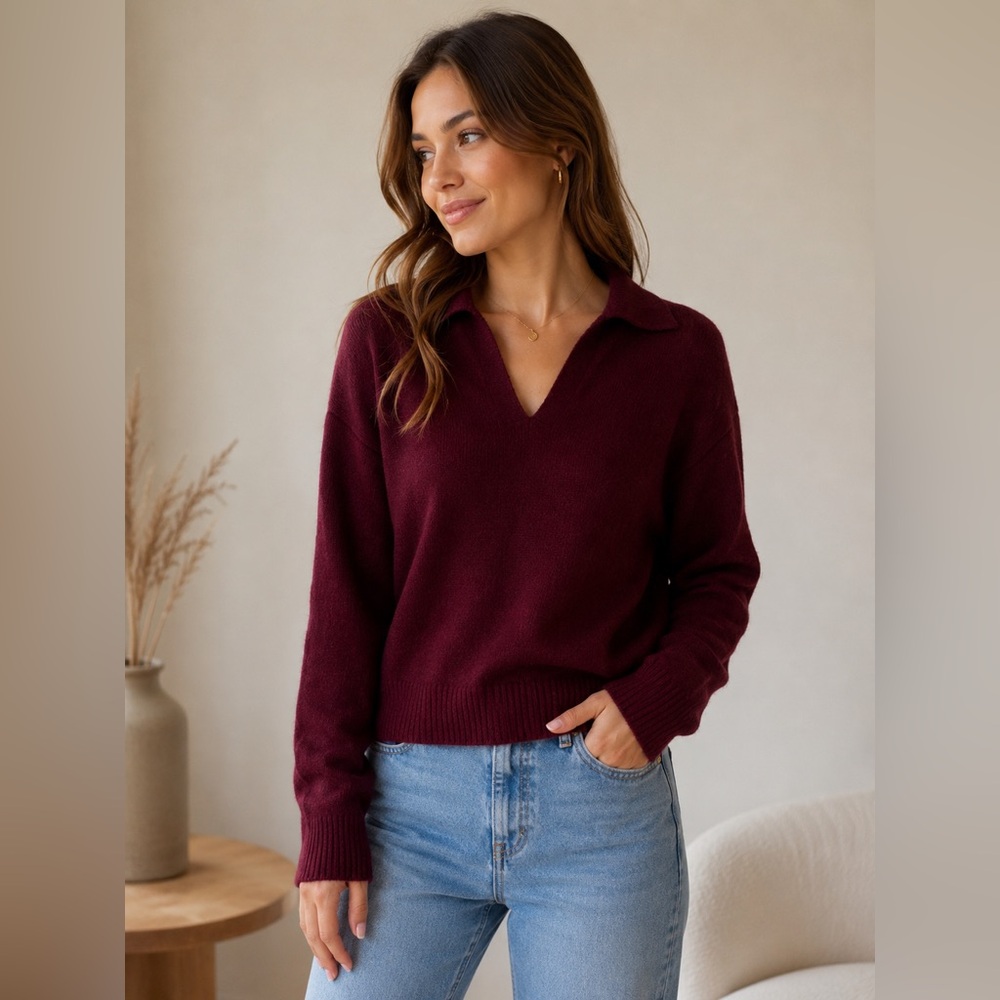 Free People Burgundy Collared V-Neck Sweater